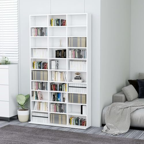 Gecheer CD-skåp vitt 102 x 16 x 177,5 cm trämaterial DVD-hylla förvaring stående hylla mediahylla för samlingar arkivering showroom