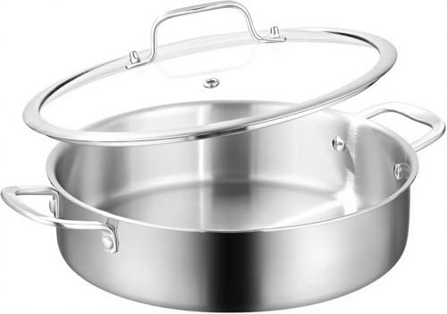 Nontoxicook 5.6L Tri-Ply Stainless Steel Saute Pan with Lid, 30cm Braiser Pans, Large Frying pan,18/10 Induction Skillet with Glass Lids, Efficent Fast pan for Frying, Sautéing, Braising, Stewing
