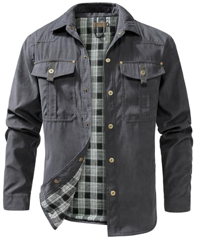 HOUZONIY Skjorta för män, skjortjacka, skjortor, långärmad, slim fit, ståkrage, västernskjorta, taktisk skjorta, utomhus, arbetsskjorta, safariskjorta, enfärgade fritidsskjortor, GRÅ, M