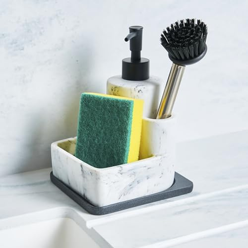 OHS 3-in-1 Soap Dispenser with Sponge Holder and Dish Scrub Brush Holder Countertop Organizer for Kitchen Sink Refillable Hand and Dish Soap Dispenser with Pump, White Marble