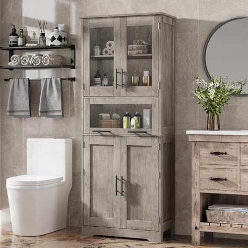 Hapihom Armoire de salle de bain avec étagères réglables et tiroir - Meuble de salle de bain avec sécurité anti-basculement - Pour salle de bain, salon, cuisine, entrée, couloir - 60 x 30 x 170 cm