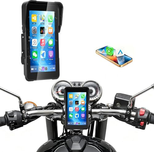 CAMECHO Pantalla Carplay Portátil para Motocicleta, Moto Carplay Pantalla 5 Pulgadas con Pantalla Táctil Impermeable IP68 de 5,Bluetooth/detección de presión//muñequera de Control del Manillar