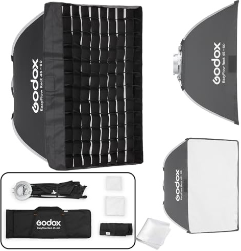 GODOX Softbox Godox EazyFlow Rect - Softbox rectangular de 45 x 60 cm, modificador portátil de plegado rápido con rejilla, soporte Bowens para flash de estudio y luz de video LED, para entrevistas y