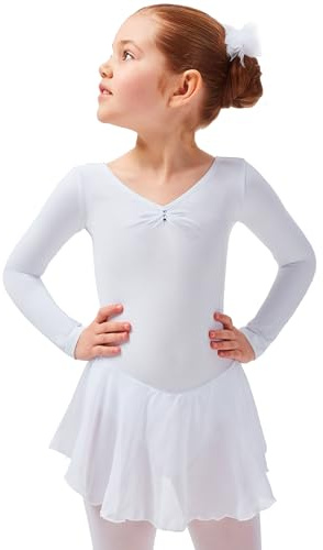 tanzmuster ® Ballettkleid Mädchen Langarm - Anna - aus weichem Baumwollstoff mit Glitzersteinen und Chiffon Röckchen fürs Kinder Ballett Ballettbodyin weiß, Größe:116/122