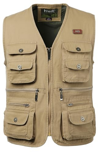 Oralidera Chalecos de Pesca para hombre Chaleco Tipo Safari Multibolsillos Chaleco de Fotografía Chaleco Sin Mangas de Trabajo Caza Senderismo, Caqui, XL