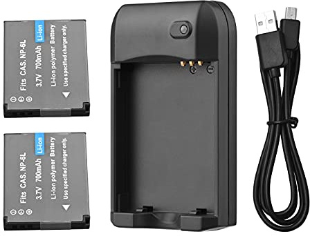 Andoer NP-6L Akku-Ladegerät mit LED-Kontrollleuchte + 2 Akkus NP-6L 3,7 V 700 mAh mit USB-Ladekabel