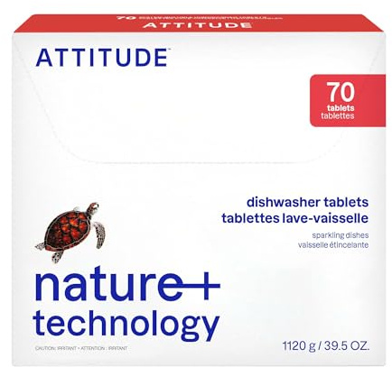 ATTITUDE Dishwasher Pods, Plant-Based & Vegan, Phosphate-Free Detergent Tablets, Naturally Derived, Unscented, 70 Count