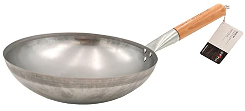 Grillfürst Wok Pfanne aus Edelstahl Ø 30 cm - mit Holzgriff - Edelstahlpfanne mit rundem Pfannenboden - ideal für Seitenkocher eines Grills oder Gasherd