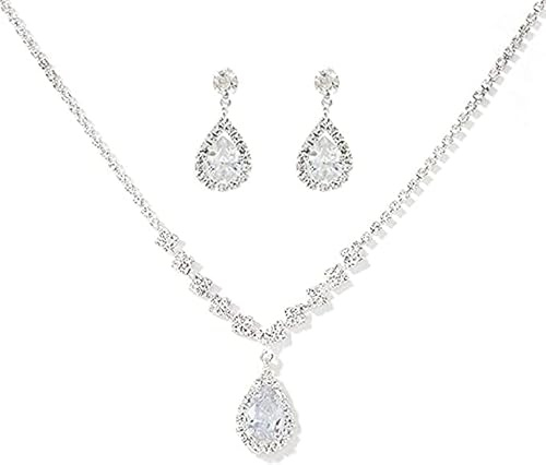 BSLVWG Bridal Wedding Jewellery Set Silver Rhinestone Necklaces and Earrings Set Sparkly Crystal Dangle Drop Earrings Necklace Jewellery Set for Women and Girls