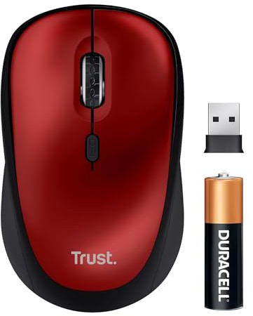 Trust Yvi+ Mouse Wireless Silenzioso con Design Sostenibile, 800-1600 DPI, per Mano Sinistra e Destra, Microricevitore USB, Mouse Senza Fili Compatto per PC, Computer, Laptop, Mac - Rosso