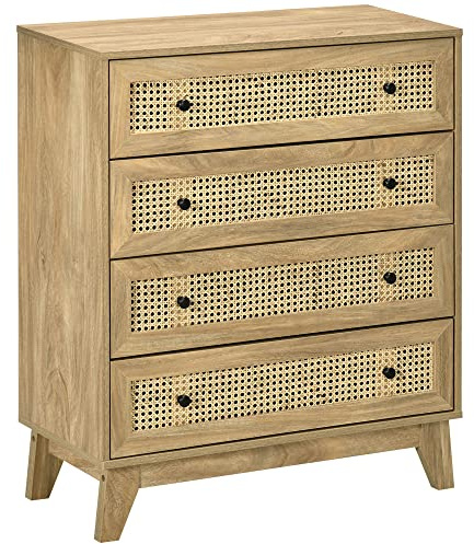 HOMCOM Commode 4 Tiroirs Cannage Rotin 80 x 35 x 95 cm Bois Clair | Meuble de Rangement avec Cannage en Rotin