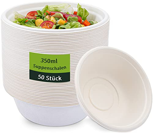 JEFFOUOO 50 Stück Suppenschalen Einweg, 350ml Pappschalen, Schüssel aus Zuckerrohr, Biologisch Abbaubar und Kompostierbar, Rund