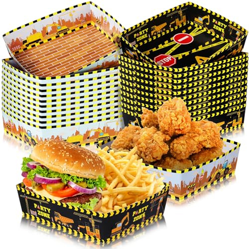 Mifoci 48 Pcs Construction Birthday Party Supplies, 5 lb Construction Theme Paper Plates Bowls Excavator Table Decorations Large Food Serving Trays Truck Party Favors(Yellow)