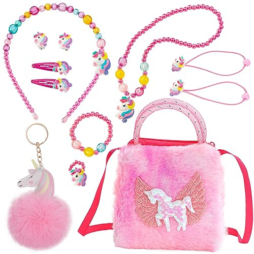DKDDSSS 12 Pezzi Unicorno Regalo, Unicorno Borsetta, Set Gioielli Unicorno Accessori, Unicorno Collana Bracciale Orecchini Anelli Anello Accessori per Capelli, per Ragazze Compleanno Festa