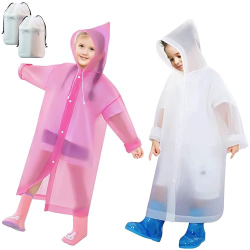 Baogaier 2 Stück Kinder Regenponcho, EVA Wiederverwendbar Wasserdicht Regencape mit Kapuze, Atmungsaktiv Regenschutz Regenmantel für Mädchen Jungen Wandern Camping Reisen, Weiß Rosa
