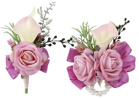 Floinla Soft Rose Pink Corsage and Boutonniere Set for Wedding Prom, Artificial Calla Lily Rose Flower Wrist Corsage Bracelets, Homecoming Wristlet, Boutonniere for Men Suit Decorations