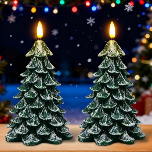 Wondise Christmas Tree Flameless Candles with 6H Timer, 2 Pcs Real Wax Battery Operated LED Candles Flickering, 3D Wick Green Electric Candles for Christmas Holiday Decorations