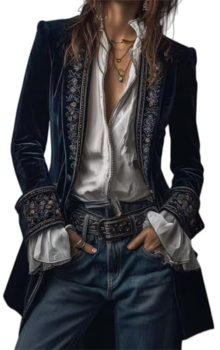 BeerMmay Giacca lunga vintage in velluto di poliestere blu navy, ricamo con scollo a V retrò boho gotico, costume rinascimentale, blu navy, M