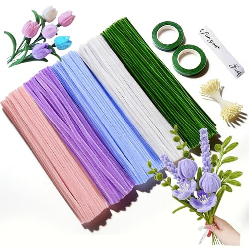 Tulpan piprensare blomset, 400 stycken piprengörare för pyssel med presentband, blomband pipe cleaner flower set för tillverkning av vackra konstgjorda buketter