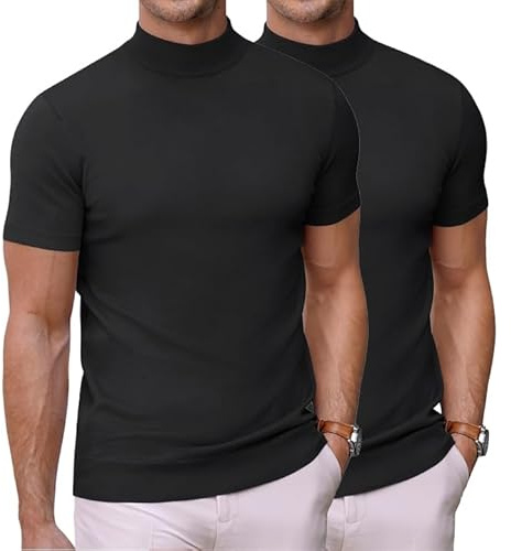 COOFANDY Maglietta da uomo con colletto alto, a maglia, da uomo, a maniche corte, a mezza colletto, slim fit, basic top, nero (2 pezzi), 3XL