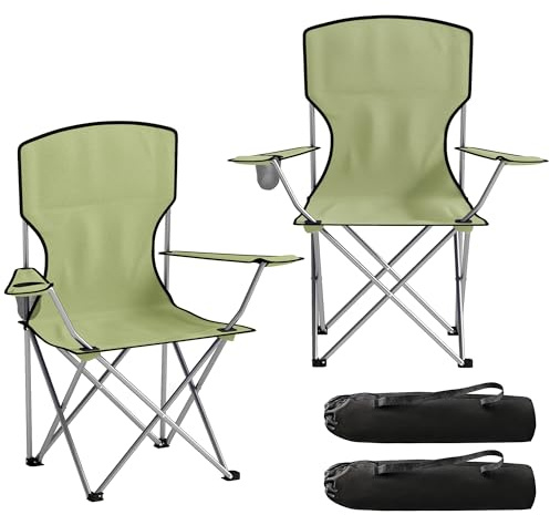 Outsunny Set of 2 Camping Chair for Adults Portable Carry Bag, Green | Folding Camping Chair, Cup Holders, 120 kg Capacity, Garden, Fishing, Sports, Fold up