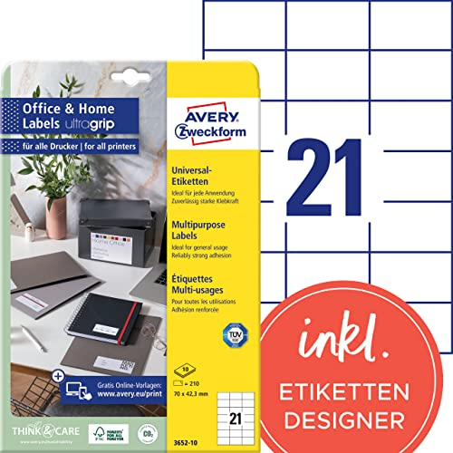 AVERY Zweckform 3652-10 Adressaufkleber (210 Klebeetiketten, 70x42,3 mm auf A4, bedruckbare Absenderetiketten, selbstklebende Adressetiketten mit ultragrip, ideal fürs HomeOffice) 10 Blatt, weiß