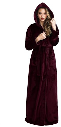 Hellomamma Long Hooded Robe for Women Luxurious Flannel Fleece Full Length Bathrobe Winter Warm Pajamas Shower Nightgown Wine Red X-Large