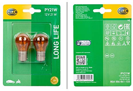 HELLA 8GA 006 841-133 Glühlampe - PY21W - Long Life up to 3x longer lifetime - 12V - 21W - Sockelausführung: BAU15d - Blister - Menge: 2