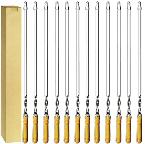 Antallcky 12 Pack Kebab Skewers 23.5 Inch BBQ Barbecue Skewers Stainless Steel Sticks Heavy Duty Large Wide Reusable with Nonslip Wooden Handle Ideal for Shish Kabob Chicken Shrimp and Vegetables