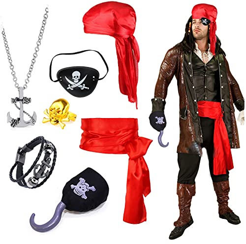 Hifot 7 Stück Kapitän Kostüm Accessoires Set - Piraten Hut, Augenklappe, Kopftuch, Lang Schwanz Kappe Zubehör für Kinder Erwachsene Halloween Party Rollenspiel