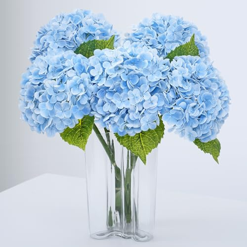 Waipfaru 21 Real Touch Blue Hydrangea Artificial Flowers with Long Stem & Leaves, Full Latex Faux Hydrangea Flowers for Home Decor Party Floral Arrangements Wedding Bouquets Centerpieces, 3Pcs
