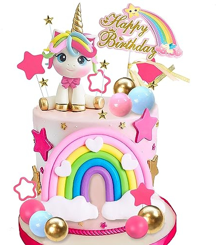 29 PCS Unicorn Cake Topper, Unicorn Rainbow Cake Decorations with Rainbow Stars Unicorn Balls Happy Birthday Cake Decorations for Boys Girls Kids Birthday Party Baby Shower Supplies (Star)