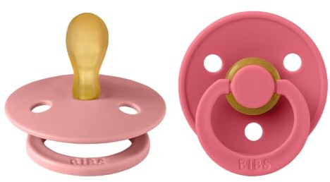 BIBS Colour Symmetrical Soother 2-Pack, BPA Free Dummy Pacifier, Symmetrical Nipple. Natural Rubber Latex, Made in Denmark, Size 1 (0-6 Months), Dusty Pink/Coral