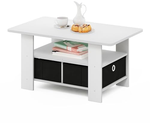 Furinno ANDREY Coffee Table, Small Modern Coffee Table with Storage and Bin Drawer, Side Table for Living Room, Bedroom, Home Office, White