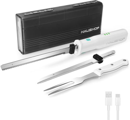 HAUSHOF Coltello Elettrico a Batteria con Coltello da Pane 18cm, Coltello da Bistecca 20cm e Forchetta, Coltello da Cucina Batteria 2000mAh, Ideale per Affettare Cotolette, Pane, Formaggio - Bianco
