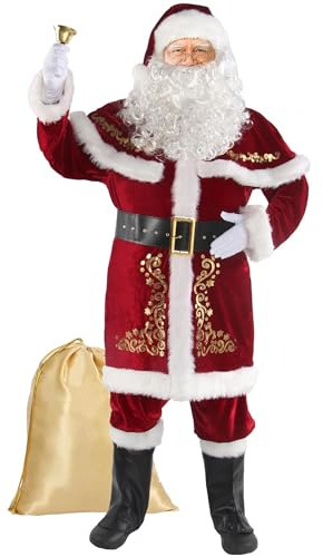 Costume de Père Noël de Noël pour Hommes Adulte 12pcs Père Noël Costume Deluxe Tenue De Velours Professionnel pour Noël Fête De Noël 2XL