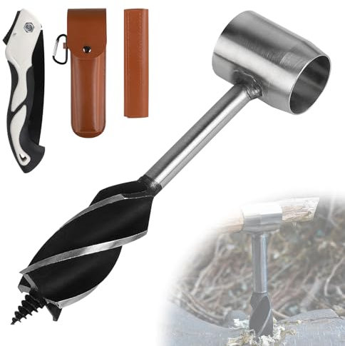 EFUTURETIME Taladro Manual Bushcraft, φ25x230mm, Taladro de Madera de Acero con Bolsa de Cuero Marrón y Sierra Plegable de 180 mm, Bushcraft Set para Trabajos en Madera, Supervivencia al Aire Libre