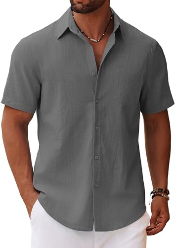 COOFANDY Mens Short Sleeved Shirts Summer Lightweight Linen Shirts Casual Cotton Shirt Beach Holiday Shirt with Breast Pocket Dark Grey M