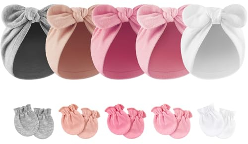 DRESHOW Baby Knut Turban Mössa Vantar Set Nyfödd Sjukhushatt Beanie Spädbarn Bow Hatt Baby Bomullshandskar Inga Repor Vantar 0-12 Månader