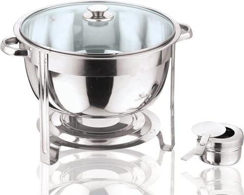 8.5 Litre Stainless Steel Chafing Dish Set - Serving, Occasion | Handles, With Tempered Glass Lid | Round Food Warmer Buffet Server - For Weddings, Parties, Catering, Buffet - Includes Fuel Holder