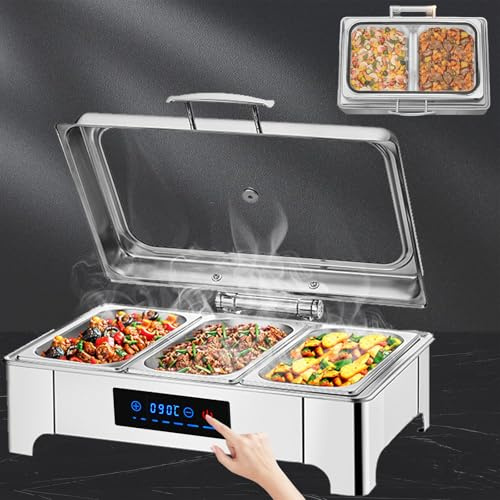 Aocay Chafing Dish Elettrico, 9L Scaldavivande Elettrico per Buffet Acciaio Inox, Contenitore Scalda Cibo Professionale Temperatura Regolabile per Buffet, Feste e Banchetti(B,1/3 Pan)