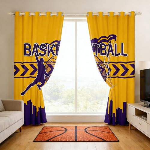 Basketball Window Curtains,Basketball Athlete Modern Sports Yellow Purple Curtain Set of 2 Panels,American City Silhouette Los Angeles Window Drapes for Adults Teens,42Wx90L Inches