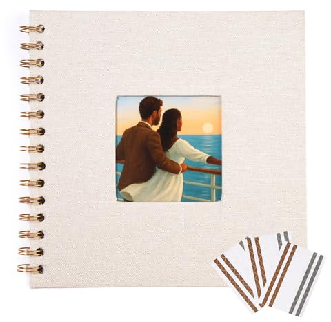 MEMOTOR Beige Linen Scrapbook with Photo Window, 10x10 Inch Hardcover Album, 40 White Pages + Corner Stickers, DIY Memory Book for Wedding, Baby, Travel