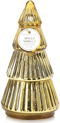 Christmas Candle Tree Shaped Scented Candles Gift, 8oz Vanilla Fragrance, Winter Holiday Mercury Decorative Green Glass Tree Candle, Decor for Home, Decoration Candles, Gold