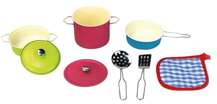 JugaToys - Set de menaje de Cocina Infantil metálico de Colores con Accesorios - Juego de imitación con 8 Piezas - Ollas, sartenes y Utensilios de Cocina para niños y niñas a Partir de 3 años