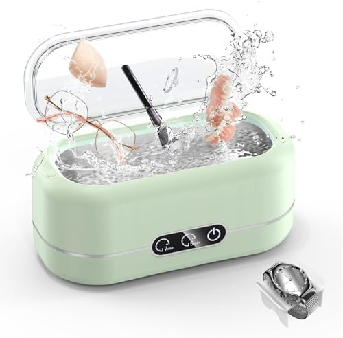 Limpiador ultrasónico de 48 KHz, limpiador ultrasónico de gafas, limpiador ultrasónico de 350 ml, equipado con 2 modos, adecuado para joyas, gafas, relojes, anillos (Azul) (Verde)