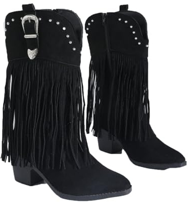 Bottes western pour femme - Bottes de cowboy à franges - Tige courte - Noir - Avec talon bloc - Bottines d'équitation vintage à franges - Bout pointu - Bottes de cheville - Bottes d'automne et d'hiver