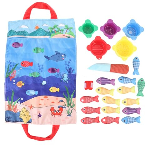 SUPYINI tygfiskespel, pedagogiskt tygfiskeksak, bärbart fiskespel, sensorisk leksak, pedagogiskt tidig inlärning, färgglad baby-fiskleksak med stapelkoppar för