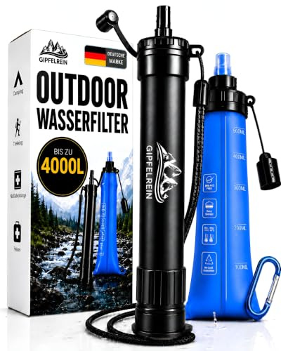 Outdoor Water Filter + Foldable Drinking Bottle 0.5 L I Portable Drinking Water Filter for Camping, Hiking & Survival I Filters 99.99% of Bacteria I Drinking Water Treatment for 4000 L I Gipfelrein