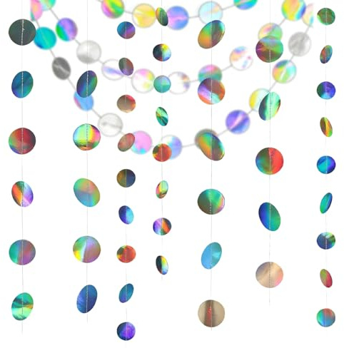 16m Iridescent Girlang med Cirkelprickar, Holografisk Regnbåge Pappersgirlang Vimplar, Hängande Dekoration för Bröllop, Födelsedag och Fest